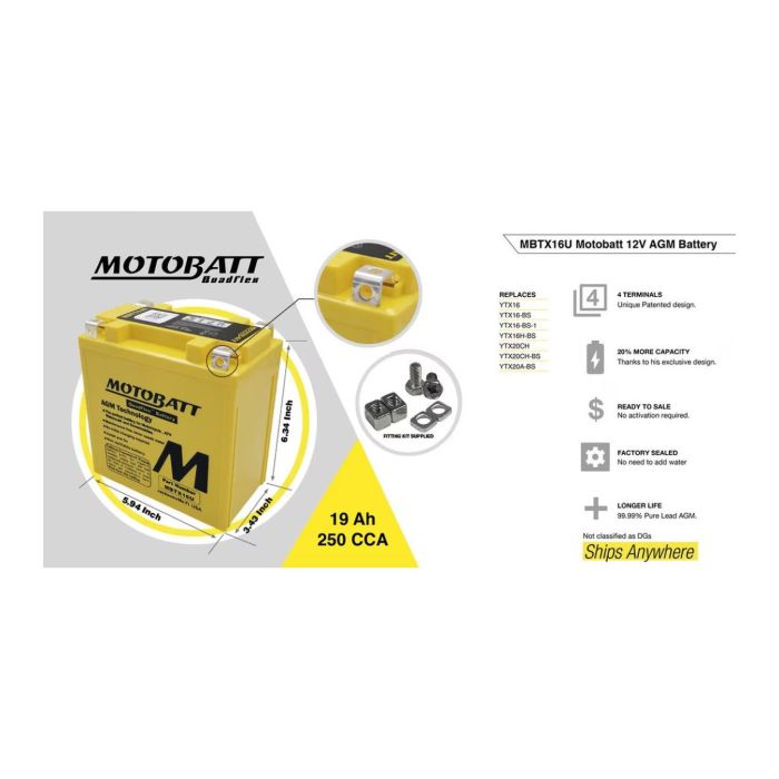 Batteria Potenziata Agm Motobatt 19 Ah Mbtx16u