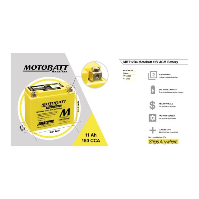 Batteria Potenziata Agm Motobatt 11 Ah Mbt12b4