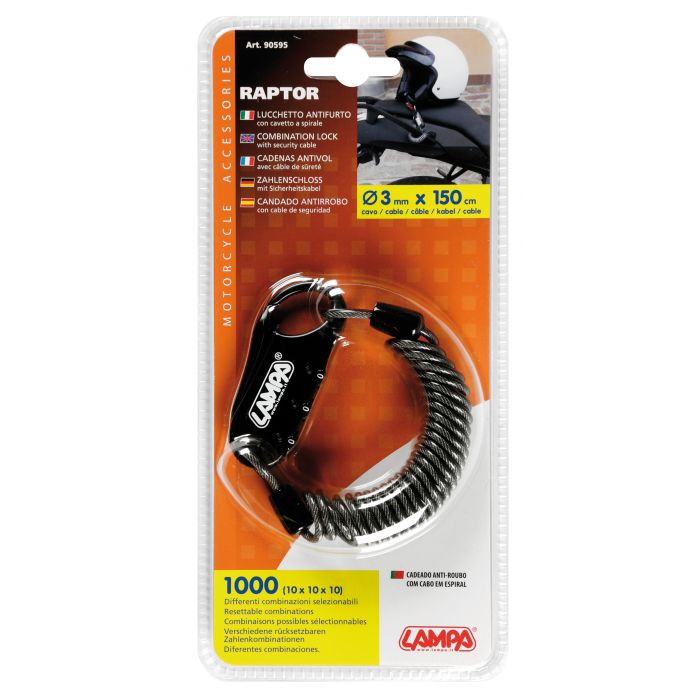 Lucchetto Antifurto Raptor Con Cavo A Spirale Lampa 90595